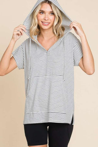 Shop Black Culture Code Full Size Striped Short Sleeve Hooded Top - High-Quality U.S. Made Women’s Fashion with Free & Fast Shipping