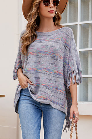 Shop Charcoal One Size Round Neck Fringe Detail Sleeve Poncho - High-Quality U.S. Made Women’s Fashion with Free & Fast Shipping