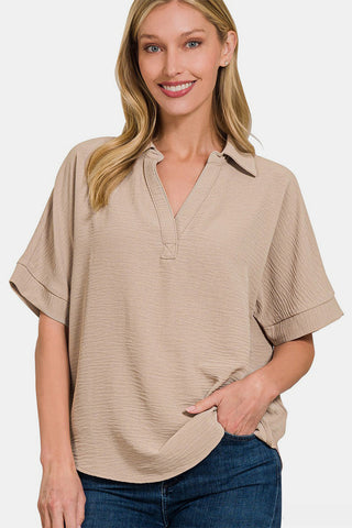 Shop Ash Mocha Zenana Texture Collared Neck Short Sleeve Top - High-Quality U.S. Made Women’s Fashion with Free & Fast Shipping