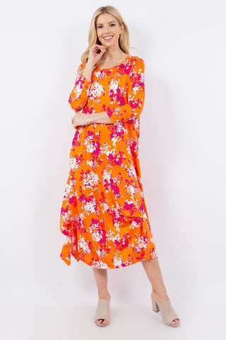 Shop Orange Floral Celeste Full Size Pick-Up Hem Asymmetric Floral Midi Dress - High-Quality U.S. Made Women’s Fashion with Free & Fast Shipping