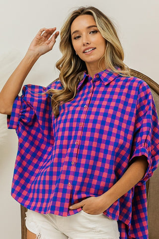 Shop Navy Pink BiBi Plaid Button Up Dolman Sleeve Shirt - High-Quality U.S. Made Women’s Fashion with Free & Fast Shipping