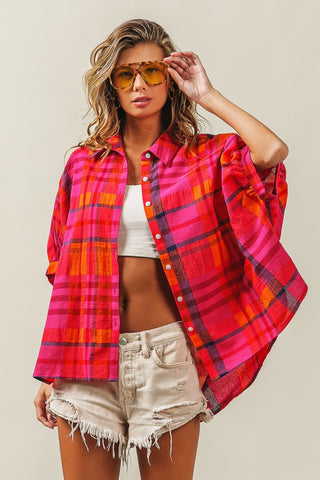 Shop Fuchsia Multi BiBi Button Up Dolman Sleeve Plaid Shirt - High-Quality U.S. Made Women’s Fashion with Free & Fast Shipping