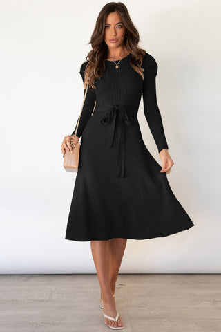 Shop Round Neck Long Sleeve Tie Waist Sweater Dress - High-Quality U.S. Made Women’s Fashion with Free Fast Shipping