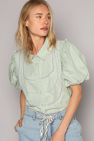 Shop Pale Sage POL Pearl Detail Button Up Puff Sleeve Shirt - High-Quality U.S. Made Women’s Fashion with Free & Fast Shipping