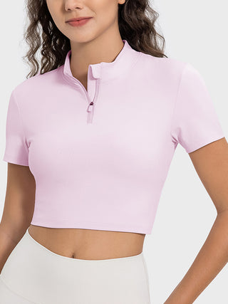 Shop Blush Pink Millennia Quarter Zip Short Sleeve Active T-Shirt - High-Quality U.S. Made Women’s Fashion with Free & Fast Shipping