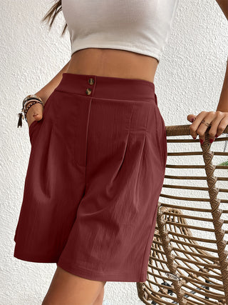 Shop Burgundy Pocketed Half Elastic Waist Shorts - High-Quality U.S. Made Women’s Fashion with Free & Fast Shipping