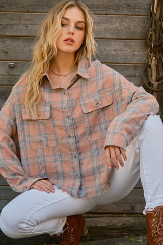 Shop And The Why Full Size Plaid Button Up Raw Hem Shirt - High-Quality U.S. Made Women’s Fashion with Free & Fast Shipping