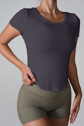 Shop Dark Gray Cutout Round Neck Short Sleeve Active T-Shirt - High-Quality U.S. Made Women’s Fashion with Free & Fast Shipping