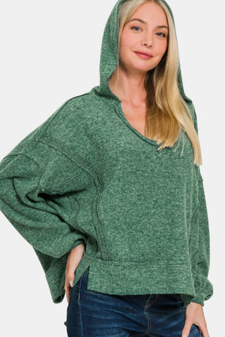 Shop DK Green Zenana Brushed Hacci Exposed Seam Hoodie - High-Quality U.S. Made Women’s Fashion with Free & Fast Shipping