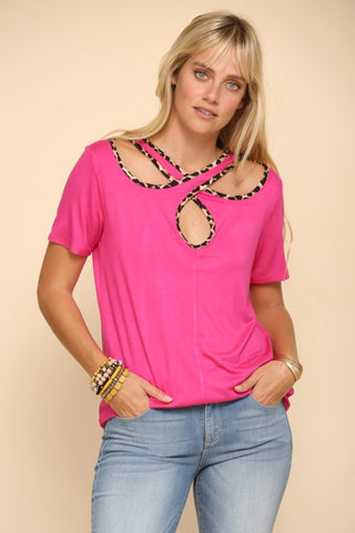 Shop Fuchsia Celeste Full Size Crisscross Cutout Leopard Contrast Trim T-Shirt - High-Quality U.S. Made Women’s Fashion with Free & Fast Shipping