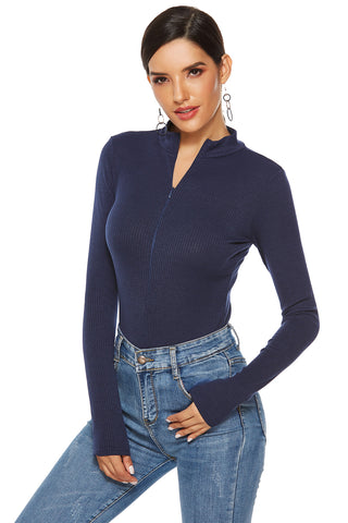 Shop Full Size Ribbed Half Zip Long Sleeve Bodysuit - High-Quality U.S. Made Women’s Fashion with Free & Fast Shipping