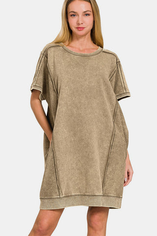 Shop MOCHA Zenana Washed Exposed Seam Mini Tee Dress - High-Quality U.S. Made Women’s Fashion with Free & Fast Shipping