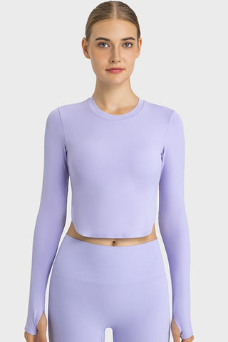 Shop Millennia Side Slit Long Sleeve Round Neck Crop Top - High-Quality U.S. Made Women’s Fashion with Free & Fast Shipping