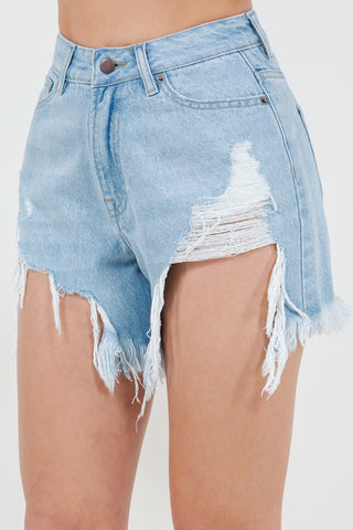 Shop American Bazi High Waist Fringed Hem Denim Shorts - High-Quality U.S. Made Women’s Fashion with Free & Fast Shipping