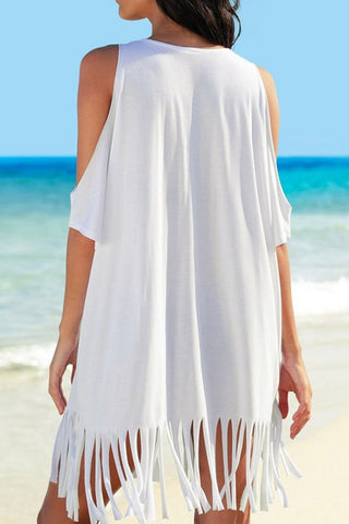 Shop Fringe V-Neck Cold Shoulder Cover Up - High-Quality U.S. Made Women’s Fashion with Free Fast Shipping