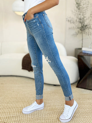 Shop Judy Blue Full Size Mid Rise Destroy & Cuff Skinny Jeans - High-Quality U.S. Made Women’s Fashion with Free & Fast Shipping