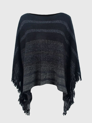 Shop Striped Boat Neck Poncho with Fringes - High-Quality U.S. Made Women’s Fashion with Free Fast Shipping