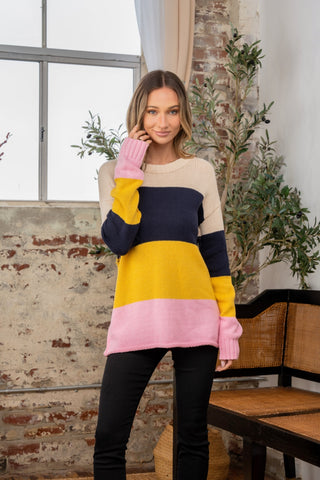 Shop Navy Blush Sew In Love Full Size Color Block Exposed Seam Sweater - High-Quality U.S. Made Women’s Fashion with Free & Fast Shipping