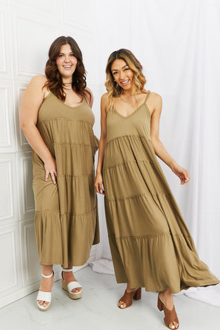 Shop Zenana Full Size Spaghetti Strap Tiered Dress with Pockets in Khaki - High-Quality U.S. Made Women’s Fashion with Free & Fast Shipping