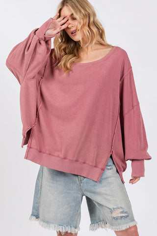 Shop SAGE + FIG Mineral Wash Side Slit Oversized Sweatshirt - High-Quality U.S. Made Women’s Fashion with Free & Fast Shipping