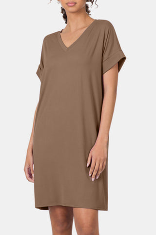 Shop Zenana Rolled Short Sleeve V-Neck Dress - High-Quality U.S. Made Women’s Fashion with Free & Fast Shipping