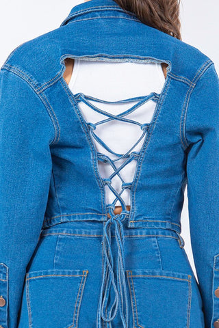 Shop American Bazi Laced Back Cropped Denim Jacket - High-Quality U.S. Made Women’s Fashion with Free & Fast Shipping