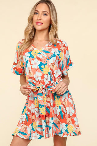 Shop Coral Teal Light Blue Haptics Tropical Floral Short Sleeve Tied Romper - High-Quality U.S. Made Women’s Fashion with Free & Fast Shipping