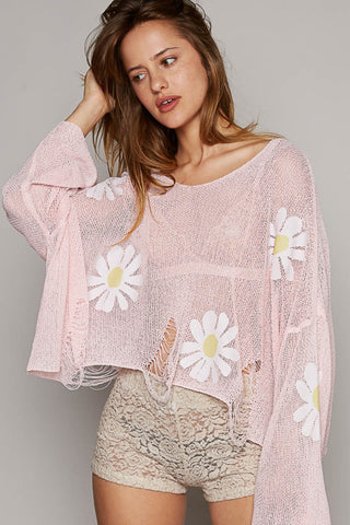 Shop POL Long Sleeve Distressed Flower Patches Knit Top - High-Quality U.S. Made Women’s Fashion with Free & Fast Shipping