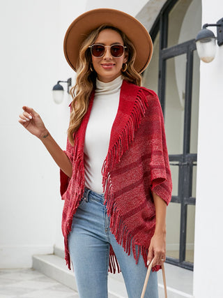 Shop Fringe Detail Open Front Poncho - High-Quality U.S. Made Women’s Fashion with Free Fast Shipping