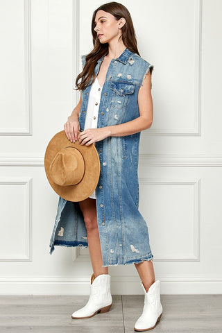 Shop Veveret Full Size Distressed Sleeveless Longline Denim Jacket - High-Quality U.S. Made Women’s Fashion with Free & Fast Shipping