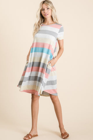 Shop BOMBOM Striped Short Sleeve Dress with Pockets - High-Quality U.S. Made Women’s Fashion with Free & Fast Shipping