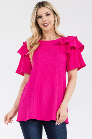 Shop Celeste Full Size Ruffle Layered Short Sleeve Texture Top - High-Quality U.S. Made Women’s Fashion with Free & Fast Shipping