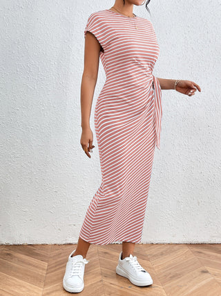 Shop Honey Tied Striped Round Neck Short Sleeve Tee Dress - High-Quality U.S. Made Women’s Fashion with Free Fast Shipping