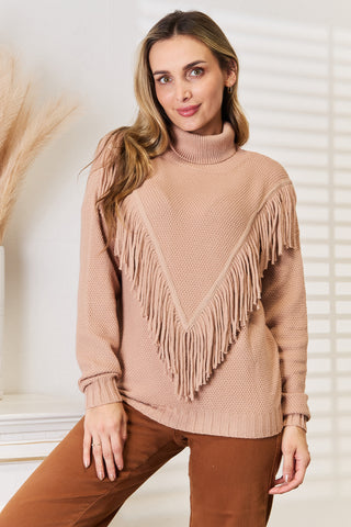 Shop Woven Right Turtleneck Fringe Front Long Sleeve Sweater - High-Quality U.S. Made Women’s Fashion with Free Fast Shipping