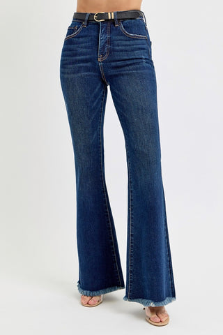 Shop RISEN Tummy Control Frayed Hem Flare Jeans - High-Quality U.S. Made Women’s Fashion with Free & Fast Shipping