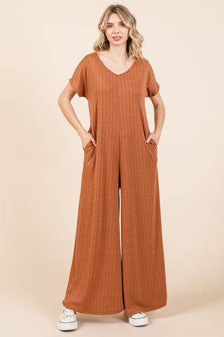 Shop Camel BOMBOM Ribbed Short Sleeve Wide Leg Jumpsuit - High-Quality U.S. Made Women’s Fashion with Free & Fast Shipping