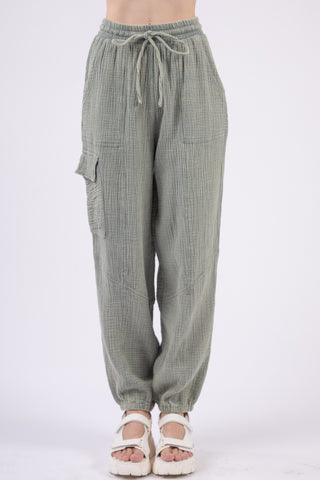 Shop Sage VERY J Washed Woven Crinkle Gauze Drawstring Pants - High-Quality U.S. Made Women’s Fashion with Free & Fast Shipping