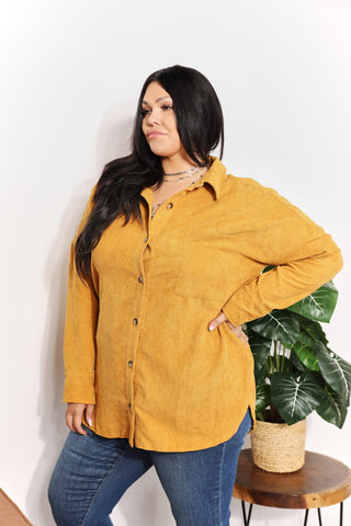 Shop HEYSON Full Size Oversized Corduroy Button-Down Tunic Shirt with Bust Pocket - High-Quality U.S. Made Women’s Fashion with Free & Fast Shipping