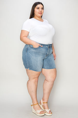 Shop Judy Blue Full Size High Waist Raw Hem Denim Shorts - High-Quality U.S. Made Women’s Fashion with Free & Fast Shipping