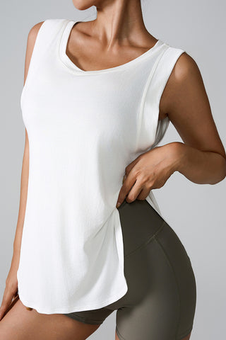 Shop White Slit Round Neck Active Tank - High-Quality U.S. Made Women’s Fashion with Free & Fast Shipping