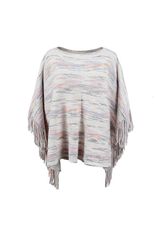 Shop Ivory One Size Round Neck Fringe Detail Sleeve Poncho - High-Quality U.S. Made Women’s Fashion with Free & Fast Shipping