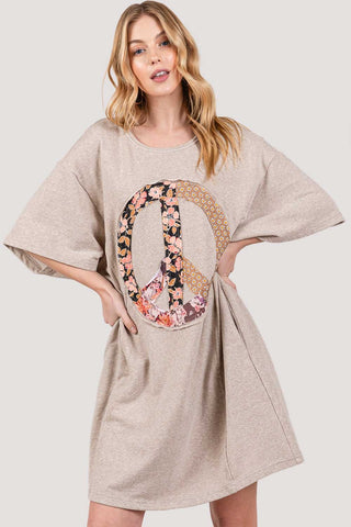 Shop SAGE + FIG Full Size Peace Sign Applique Short Sleeve Tee Dress - High-Quality U.S. Made Women’s Fashion with Free & Fast Shipping