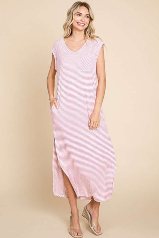 Shop Pink Culture Code Full Size Striped V-Neck Slit Dress with Pockets - High-Quality U.S. Made Women’s Fashion with Free & Fast Shipping