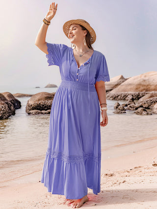 Shop Plus Size Lace Detail Tie Neck Short Sleeve Maxi Dress - High-Quality U.S. Made Women’s Fashion with Free Fast Shipping