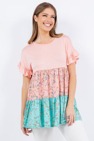 Shop Peach Mint Celeste Full Size Floral Color Block Ruffled Short Sleeve Top - High-Quality U.S. Made Women’s Fashion with Free & Fast Shipping