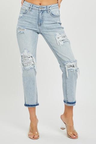 Shop RISEN Mid-Rise Sequin Patched Jeans - High-Quality U.S. Made Women’s Fashion with Free Fast Shipping