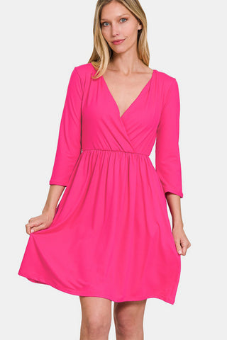 Shop Zenana Three-Quarter Sleeve Surplice Dress with Pockets - High-Quality U.S. Made Women’s Fashion with Free Fast Shipping