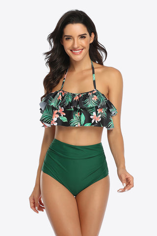 Shop Forest Two-Tone Ruffled Halter Neck Two-Piece Swimsuit - High-Quality U.S. Made Women’s Fashion with Free & Fast Shipping