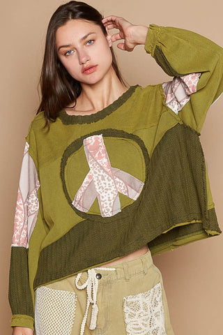 Shop Greenery POL Long Sleeve Cut Sew Peace Emblem Top - High-Quality U.S. Made Women’s Fashion with Free & Fast Shipping