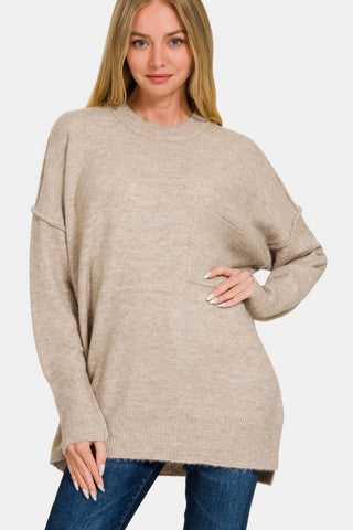 Shop Zenana High-Low Hem Drop Shoulder Sweater - High-Quality U.S. Made Women’s Fashion with Free Fast Shipping